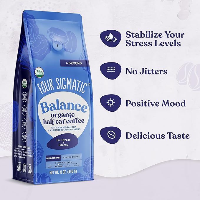 Four Sigmatic Organic Balance Adaptogen Ground Coffee | Medium Roast USDA Organic Coffee with Ashwagandha, Chaga Mushroom, Eleuthero and Tulsi for Focus and Energy Boosting | 12oz Bag
