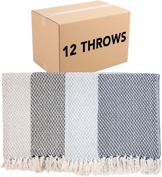 Arkwright Common Ground Bulk Blankets - Pack of 12 - Reversible 100% Cotton All Season Lightweight Couch Bed Throws for Wedding Guests, Travel, and Outdoor Events, 50 x 70 in, Checkered