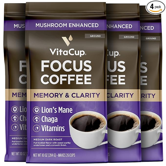 VitaCup Focus Mushroom Coffee Grounds, with Lions Mane, Chaga, B Vitamins, D3, Boost Focus, Immunity, Memory & Clarity, Medium Dark Roast, Bold & Smooth 100% Arabica Specialty, 4 bags, 10oz each