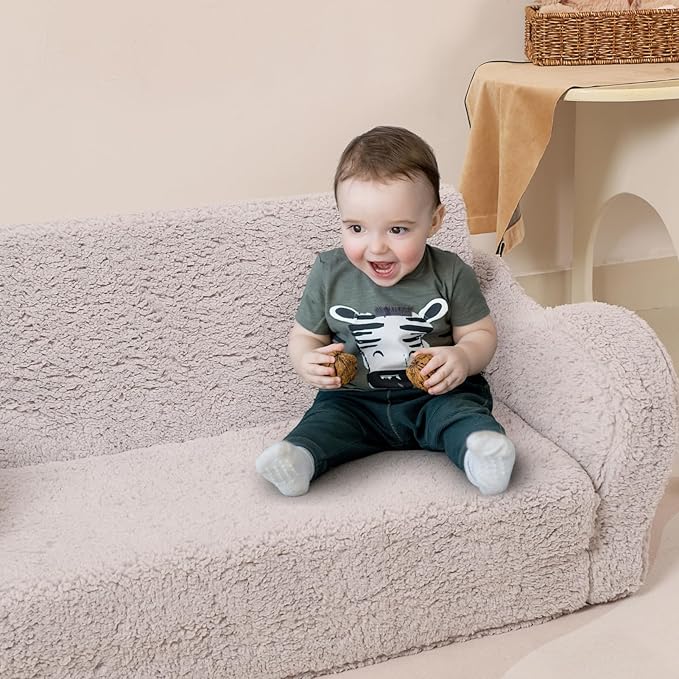 Kids Extra Wide Chairs for Toddler, 2-in-1 Toddler Soft Sherpa Couch Fold Out, Convertible Sofa to Lounger for Girls and Boys, Grey