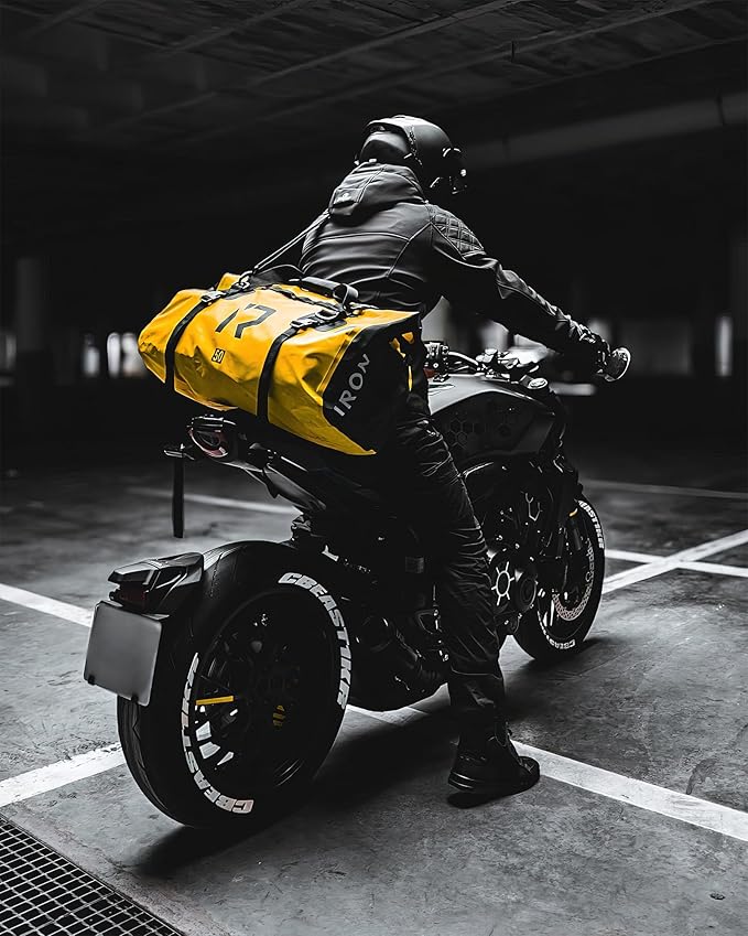 BORLENI Waterproof Motorcycle Dry Duffel Bag Luggage Tail Bag with Large Storage Space,Roll Top Closure, Shoulder Straps, Inner Pocket and Mesh Pocket for Motorcycling Travel Camping(Yellow,70L)