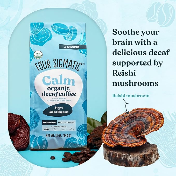 Four Sigmatic Calm Organic Decaf Ground Coffee | Swiss Water Decaf Coffee with Chaga & Reishi Mushroom Extracts | 12oz Bag