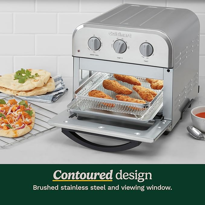 Cuisinart Compact Air Fryer Toaster Oven, Stainless Steel Fryer with 6-in-1 Functions, Adjustable Temperature, Includes Oven Rack, Baking Pan and Air Fry Basket, TOA-26
