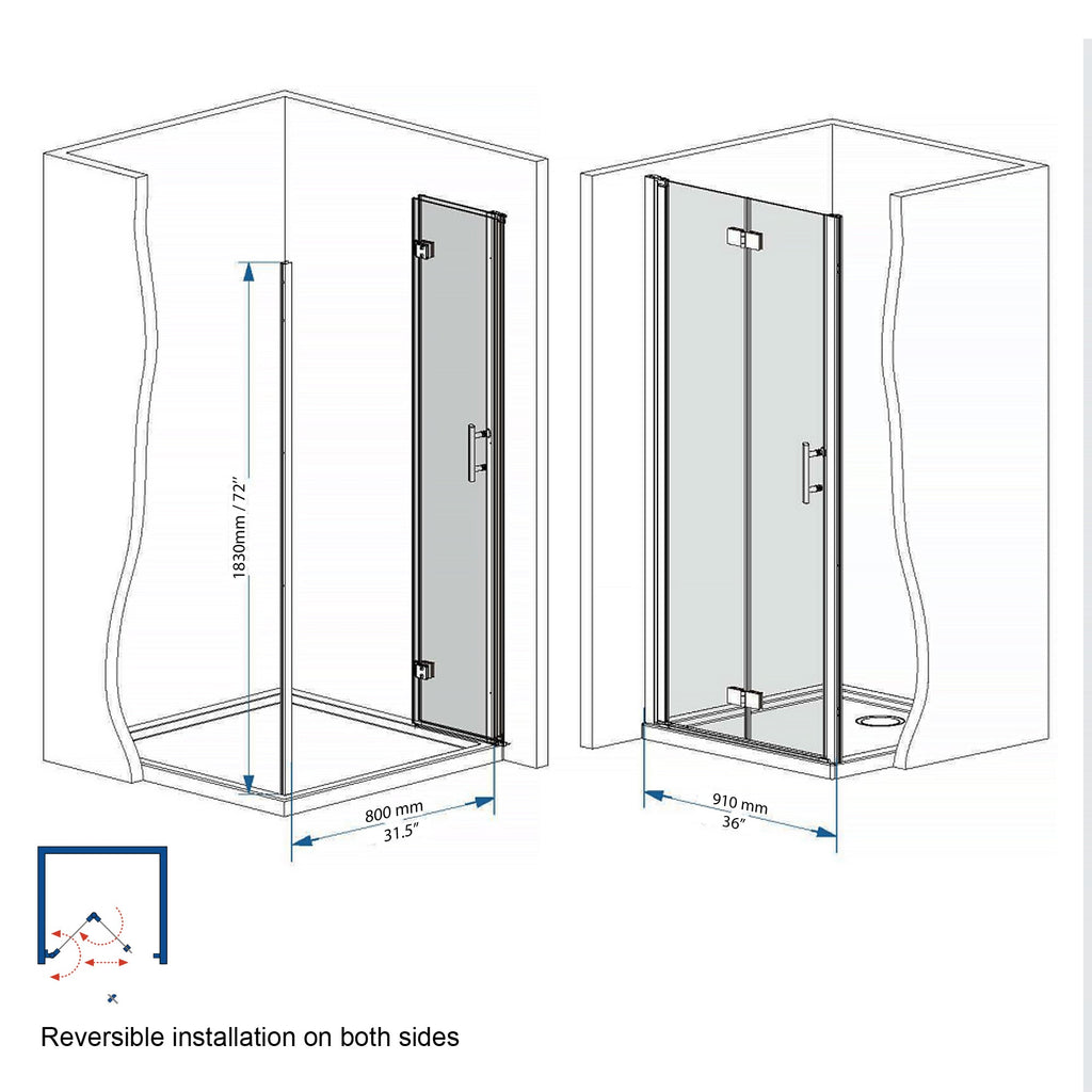 36"x72" Bifold Shower Door, 1/4" Tempered Glass, Matte