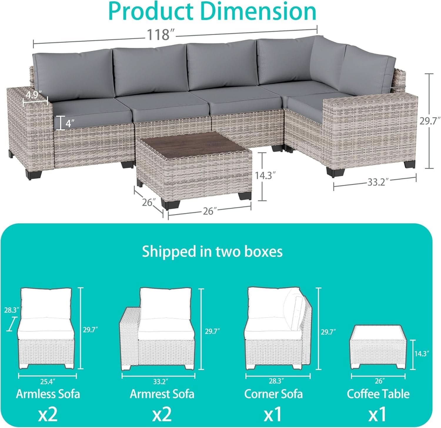 6-Piece Outdoor Wicker Patio Set With Grey Cushions