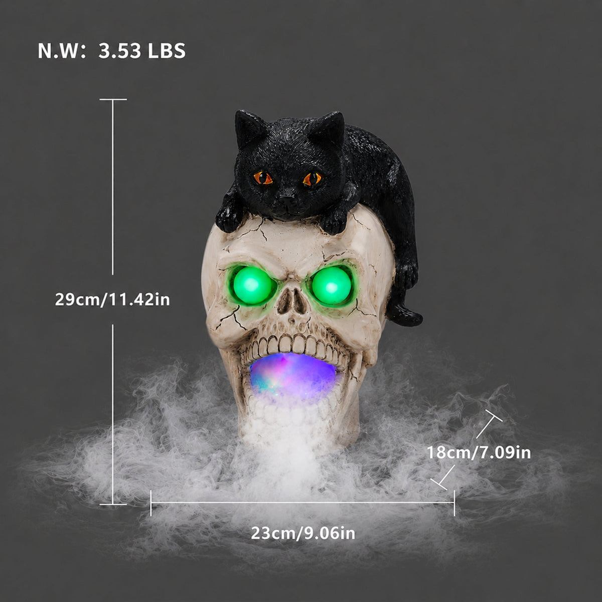 Halloween Cat Skull Statue with Glowing Features - Black White
