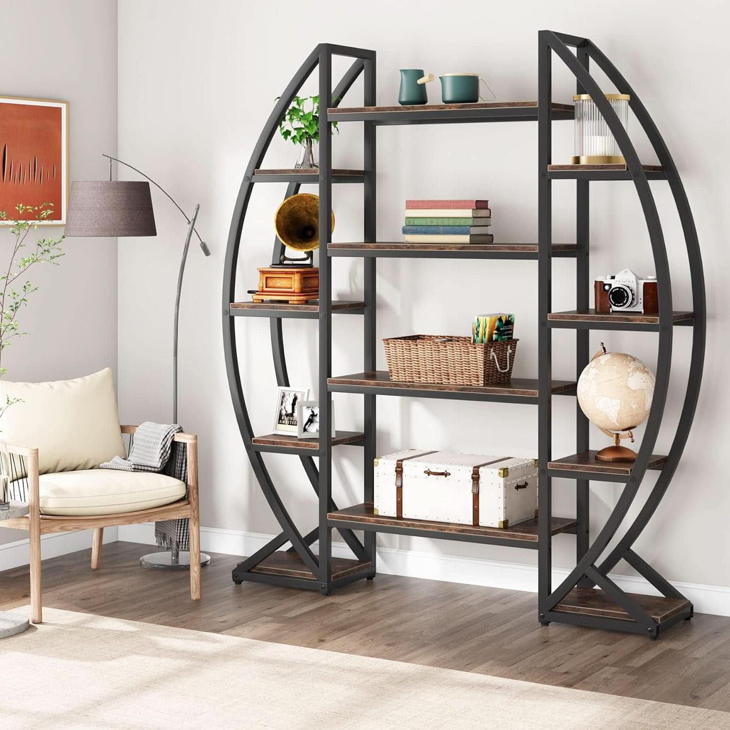 Oval 55 Inch Brown Industrial Display Etagere Bookcase