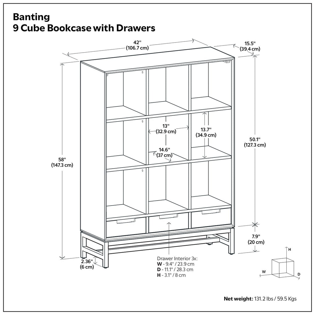 Walnut Brown Cube Organizer Bookcase with Drawers - 9 Cubes