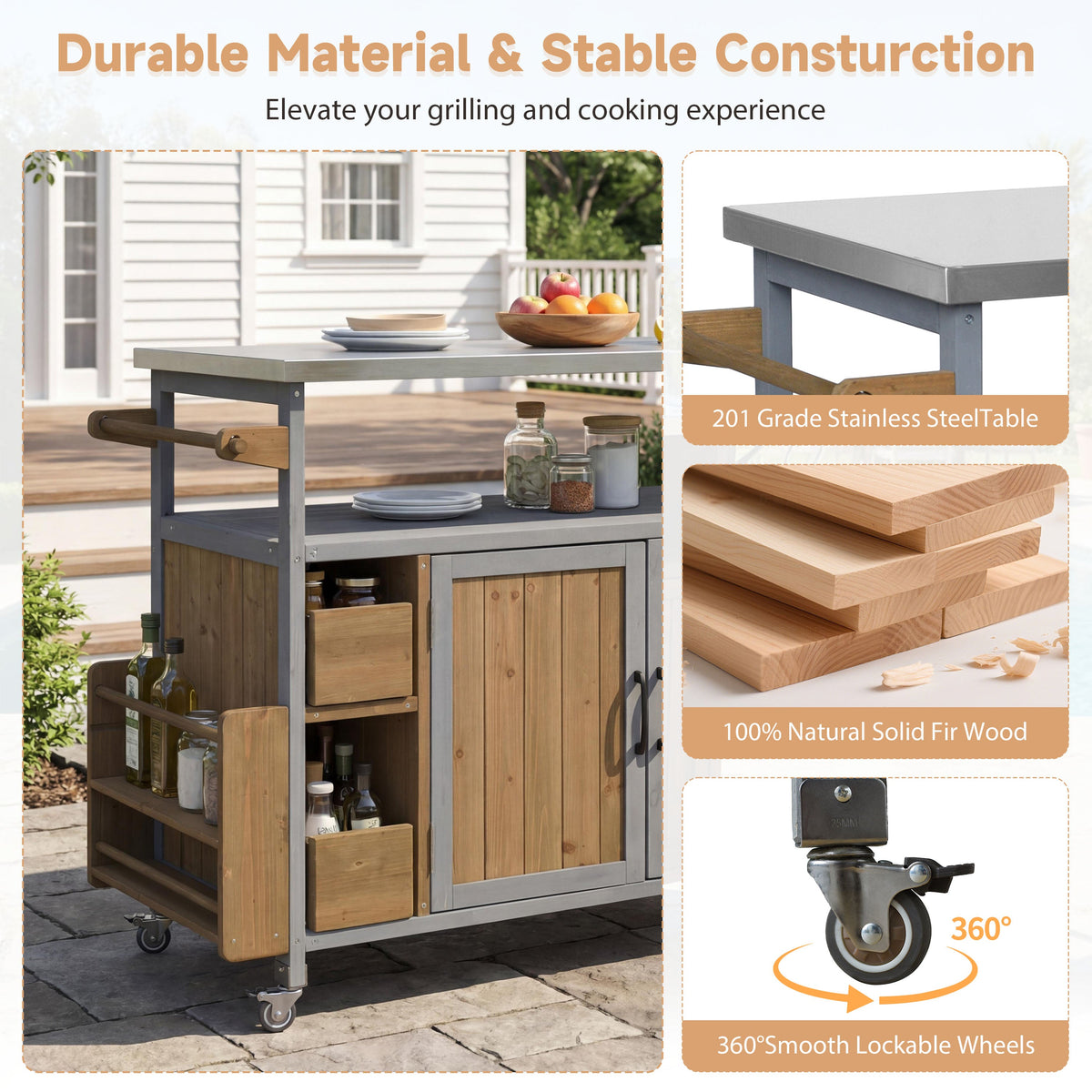 Farmhouse Rolling Outdoor Kitchen Cart with Stainless Steel Top - Blue Gray & Walnut