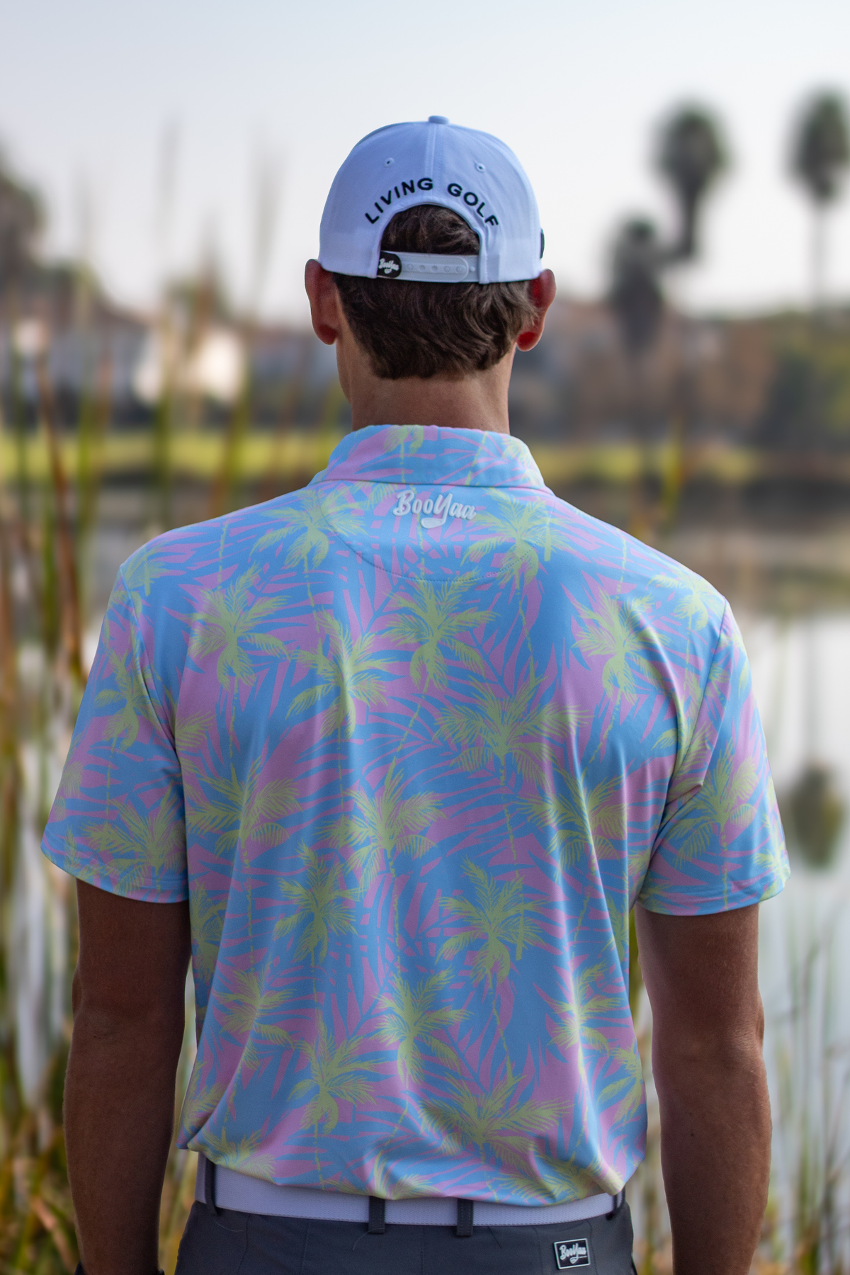 BooYaa Premium Men's Golf Polo, Lulu Tropical Palm Print, 4-Way Stretch, Moisture-Wicking