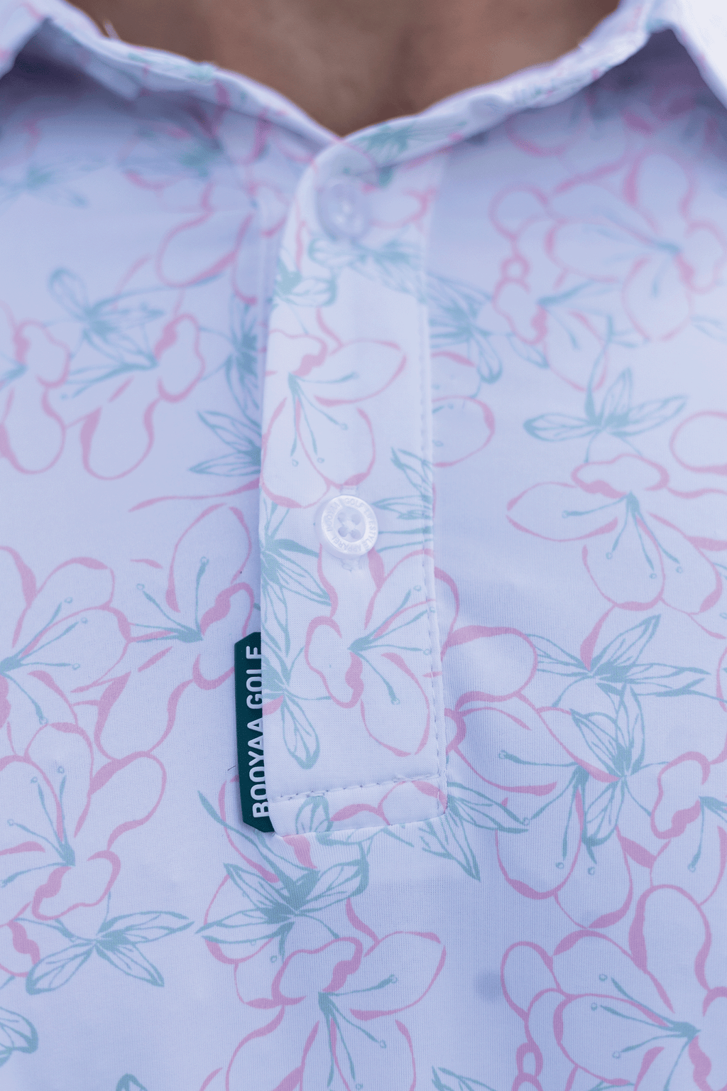 BooYaa Premium Men's Golf Polo, Rosebay White Floral Print, 4-Way Stretch, Moisture-Wicking