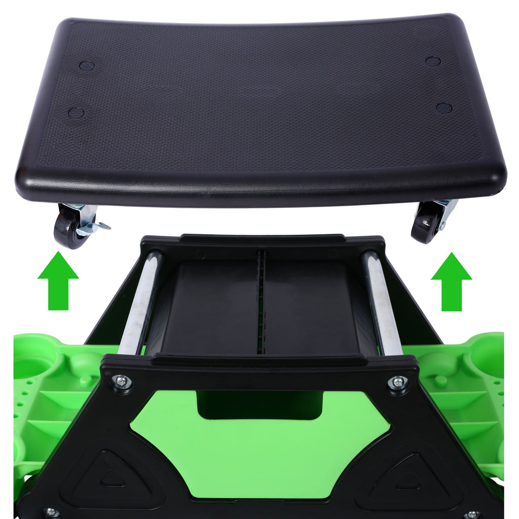 Rolling Detailing Creeper Seat with Removable Tool Trays - Green