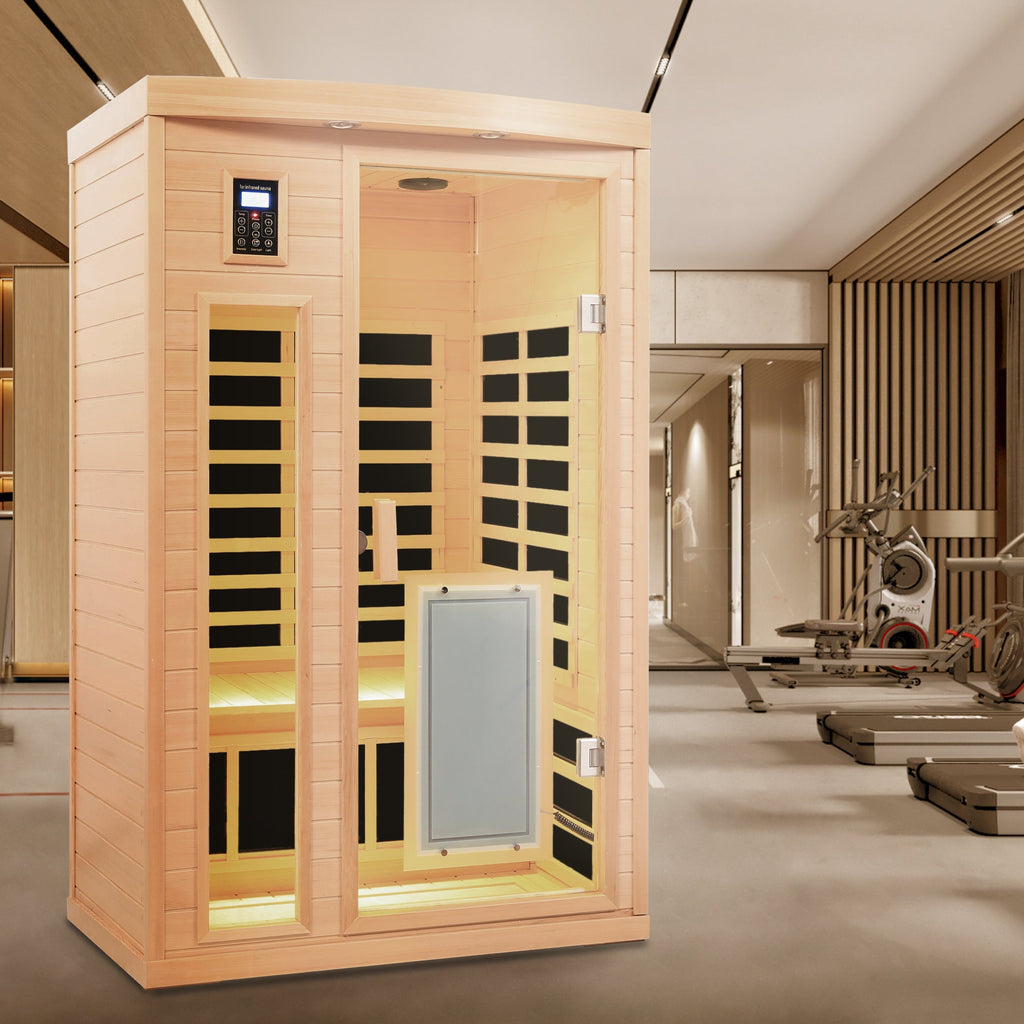 Low EMF Hemlock Wood Far-Infrared Two-Person Sauna Room with Bluetooth – Natural Finish