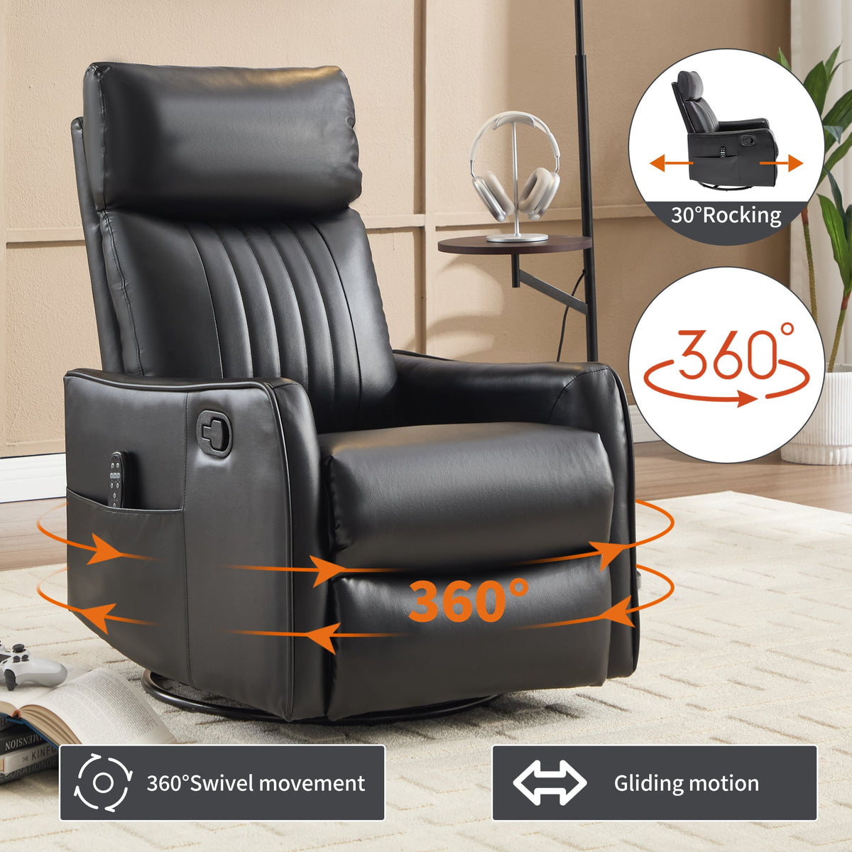 Black Faux Leather Recliner Chair with Heat & Massage - Manual Recliner