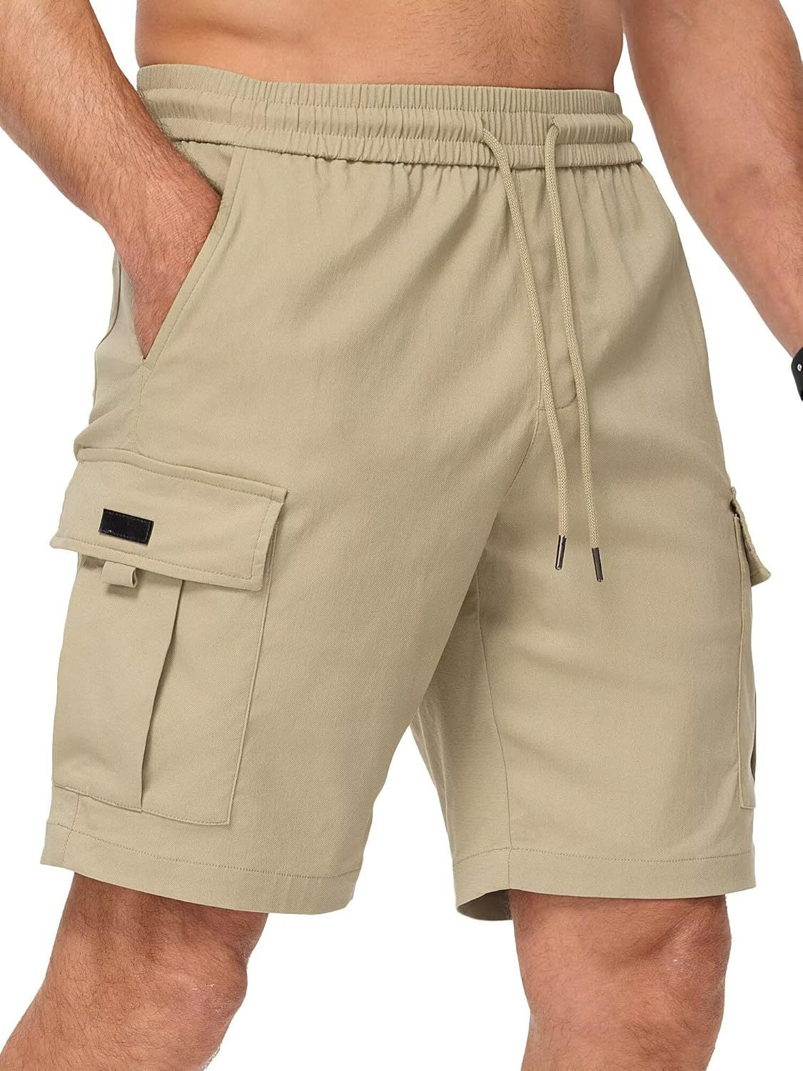 Men Elastic Waist Drawstring Cargo Shorts Multi Pocket Casual Utility Shorts Loose Fit Outdoor Work Shorts For Summer