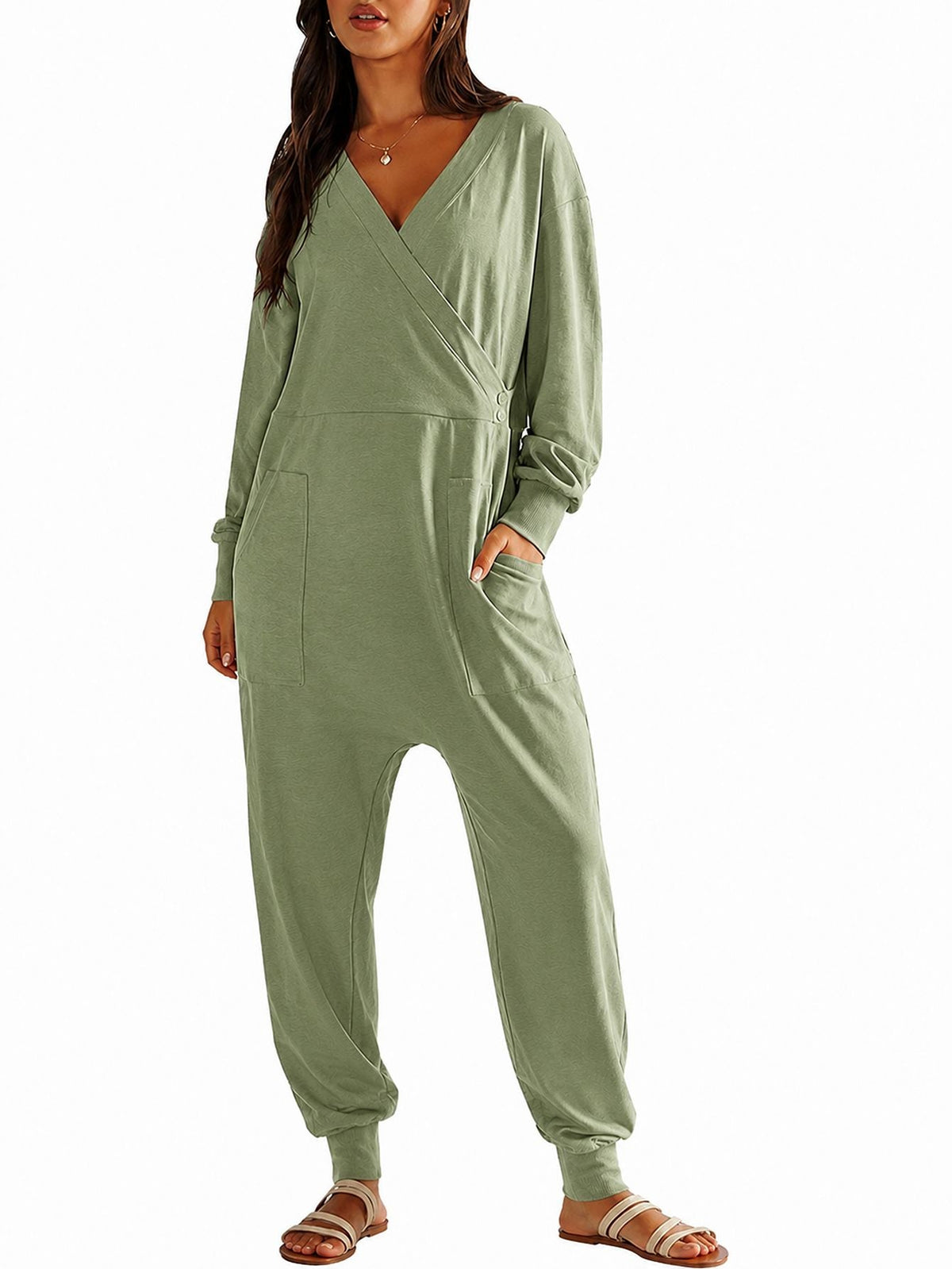 Loose-fit V-neck Casual Long-sleeve Jumpsuit