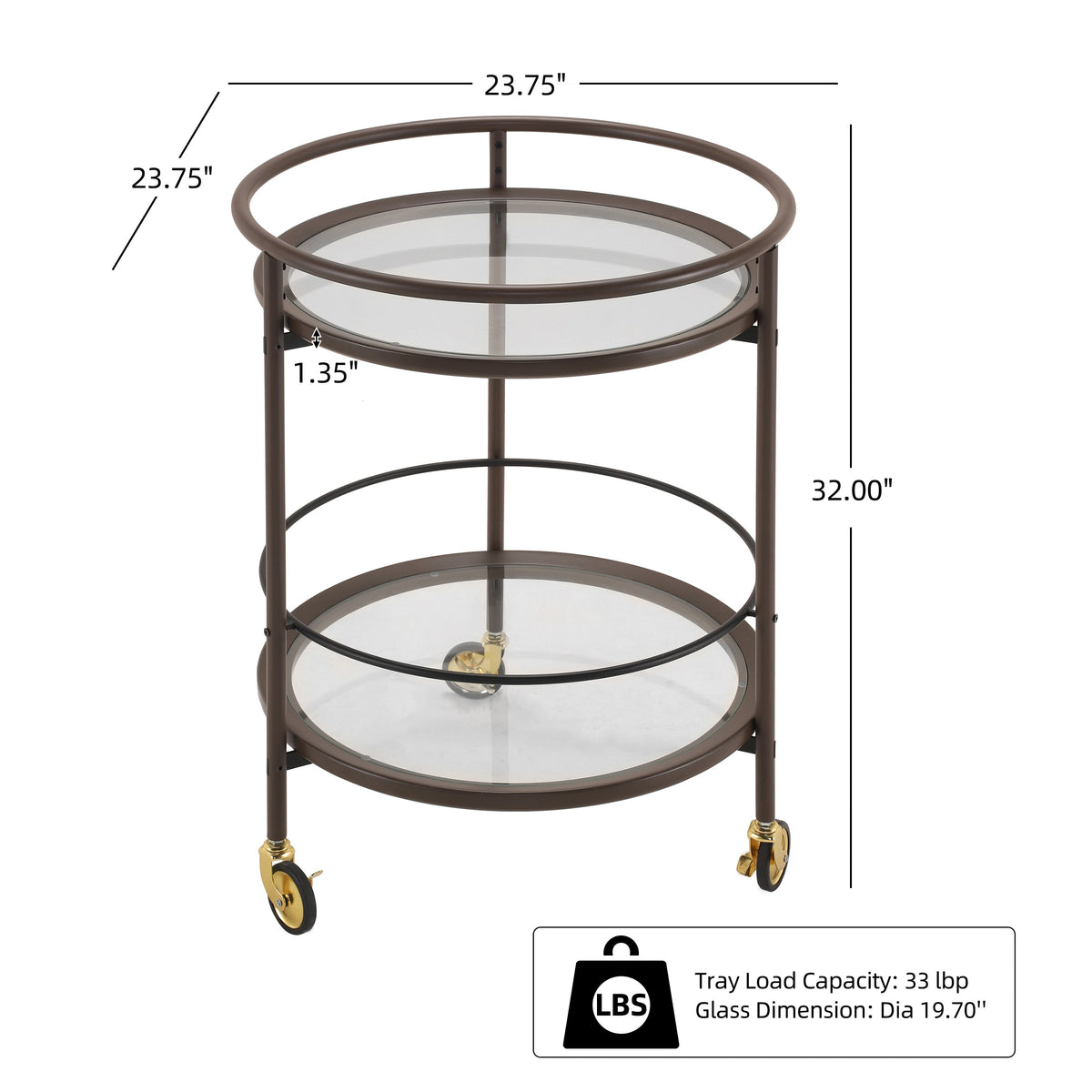Modern Coffee Kitchen Cart with Tempered Glass Shelves - Coffee Brown