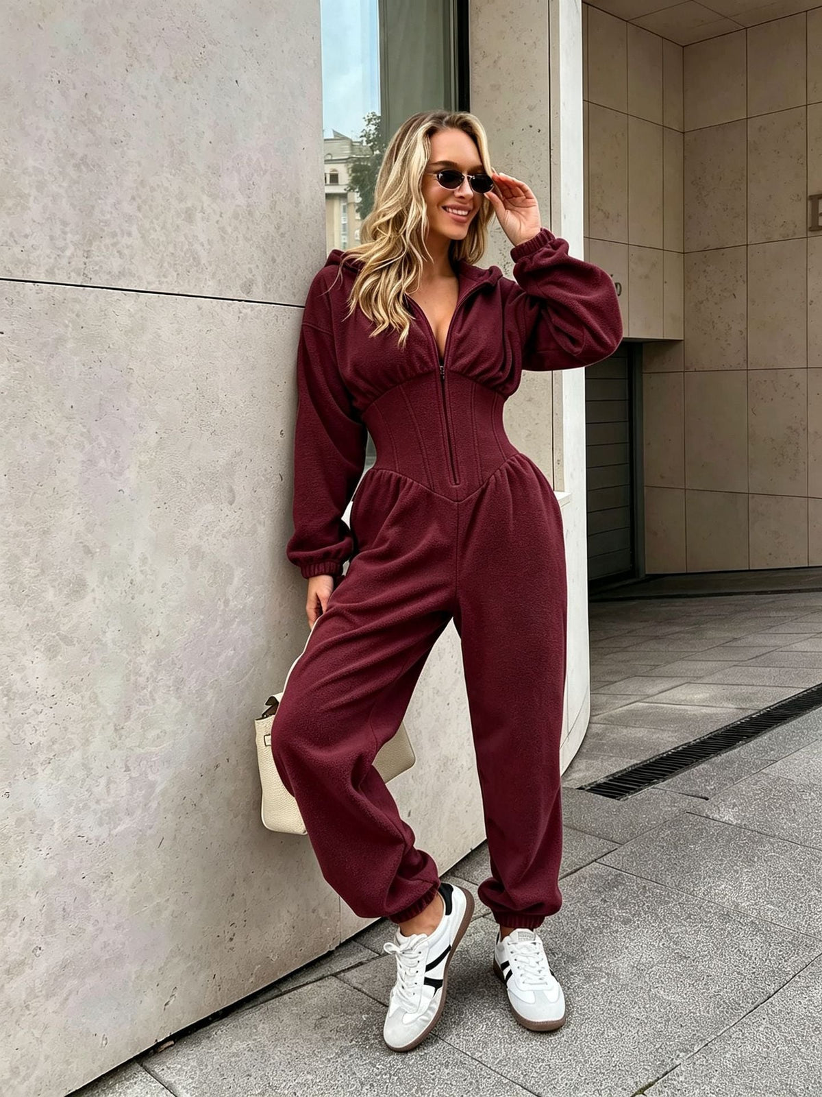 Women's Fallwinter Jumpsuit With Long Sleeves Sporty And Casual Featuring A Hood