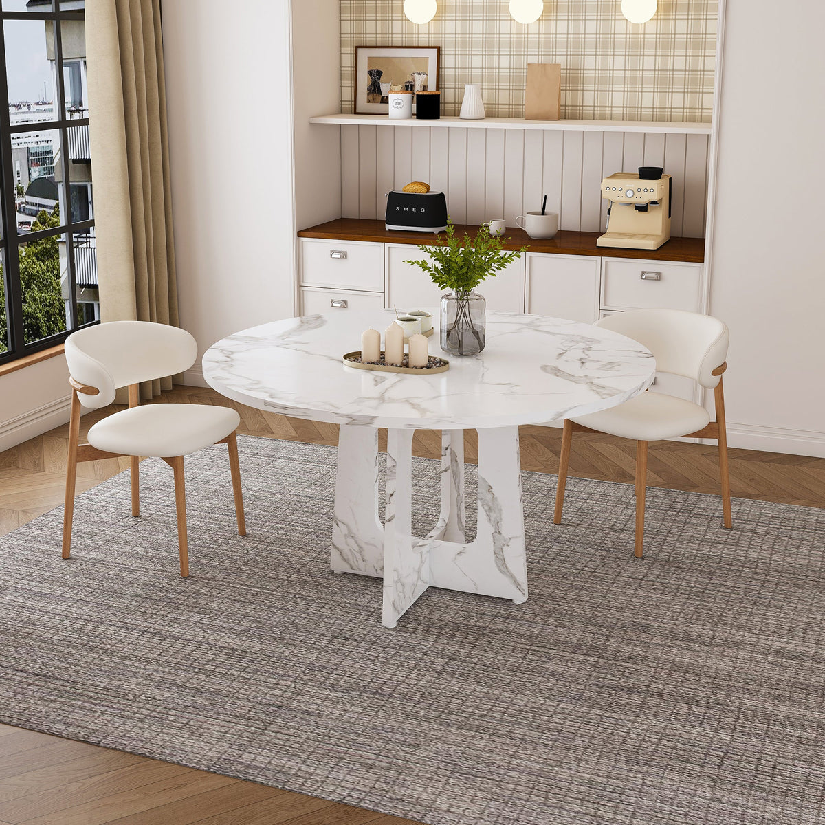47.24" Round Dining Table for 4 - Farmhouse MDF Table with Marble