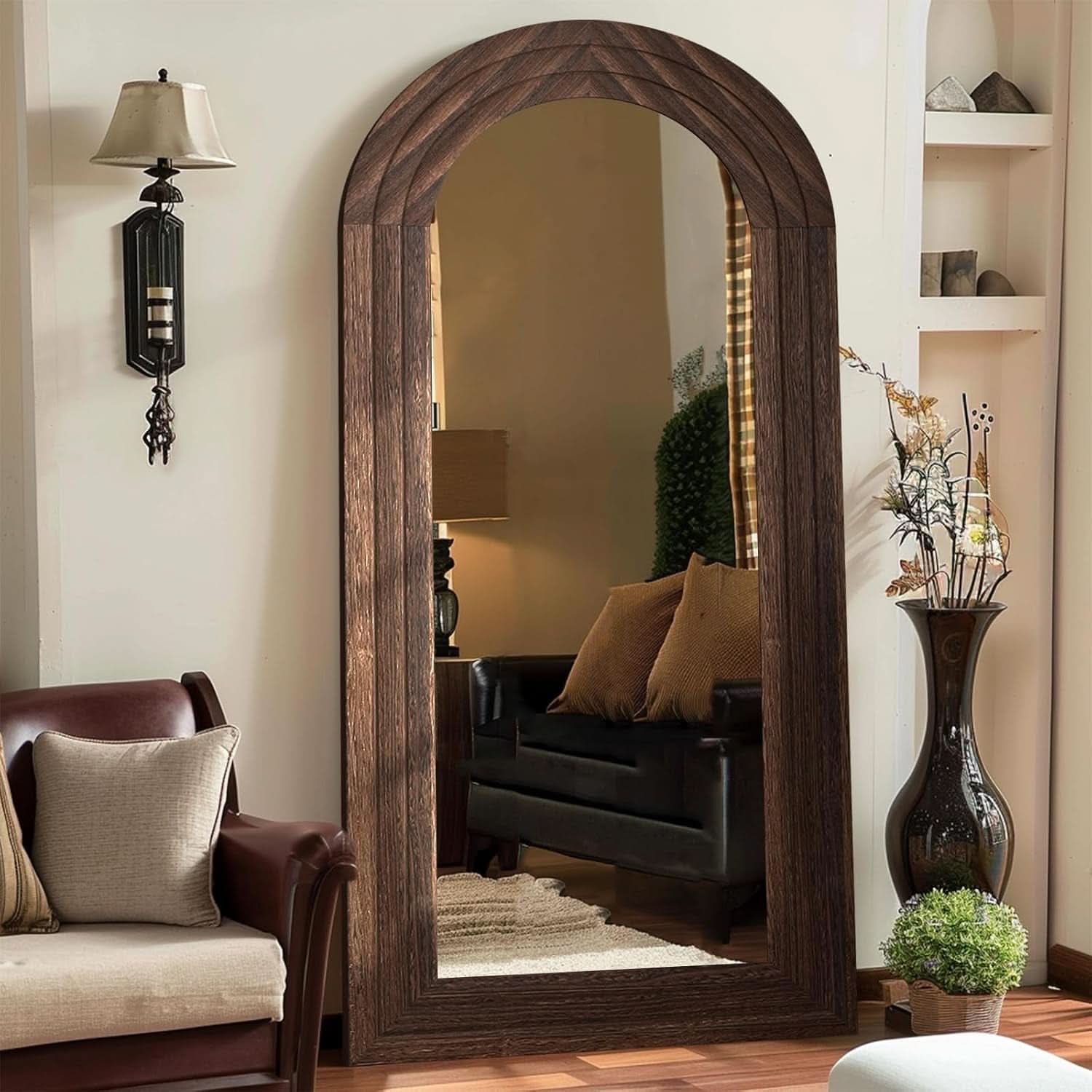 Arched Full Length Mirror 71x32 Inch Brown Solid Wood Frame