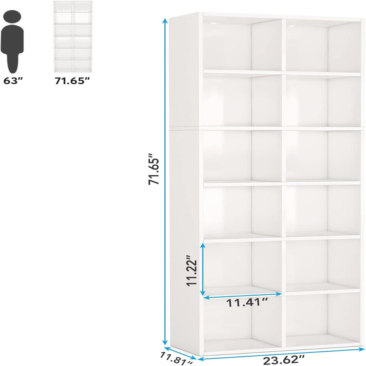 Narrow 12 Cube Bookcase with Closed Back - White