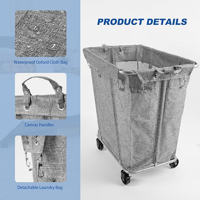 PLKOW Laundry Cart with Wheels 320L Large Rolling Laundry Cart for Commercial/Home, Rolling Laundry Basket with Steel Frame and Waterproof Lining, 9 Bushel, 32.3L x 19.7W x 30.7H Inch, Grey