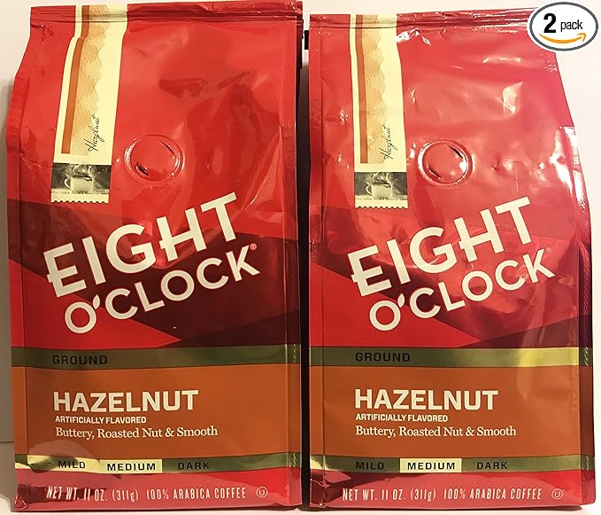 Eight O' Clock Ground Coffee - Hazelnut - Medium Roast - Net Wt. 11 OZ (311 g) Per Package - Pack of 2 Packages