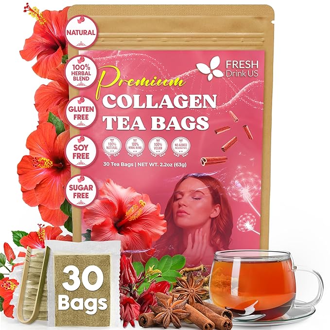 FreshDrinkUS, Premium Collagen Herbal Tea – 30 Tea Bags | Cinnamon Stick, Hibiscus, Dandelion Root, Moringa Leaves, Rose Hip, Ginger, Fennel Seed, Boswellia | Caffeine-Free, Natural Flavorful Blend