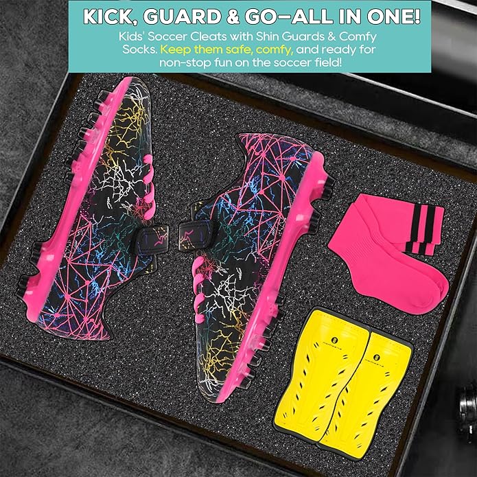 brooman Kids Firm Ground Soccer Cleats Girls Football Cleats with Shin Guards and Soccer Socks