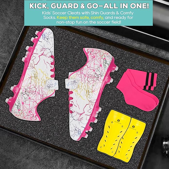 brooman Kids Firm Ground Soccer Cleats Girls Football Cleats with Shin Guards and Soccer Socks
