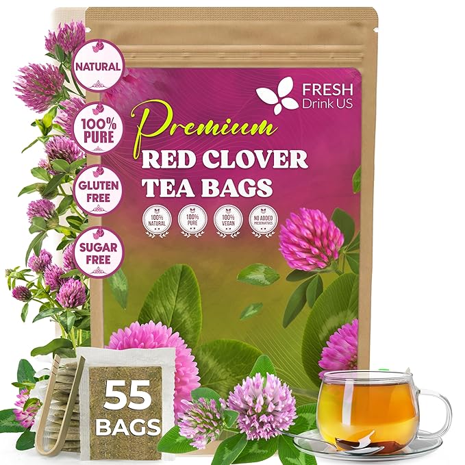FreshDrinkUS, Premium Red Clover Herbal Tea– 55 Tea Bags – Pure – Naturally Smooth & Mild Flavor – Premium Quality, Eco-Conscious Packaging. Caffeine-Free. Gluten Free. Vegan