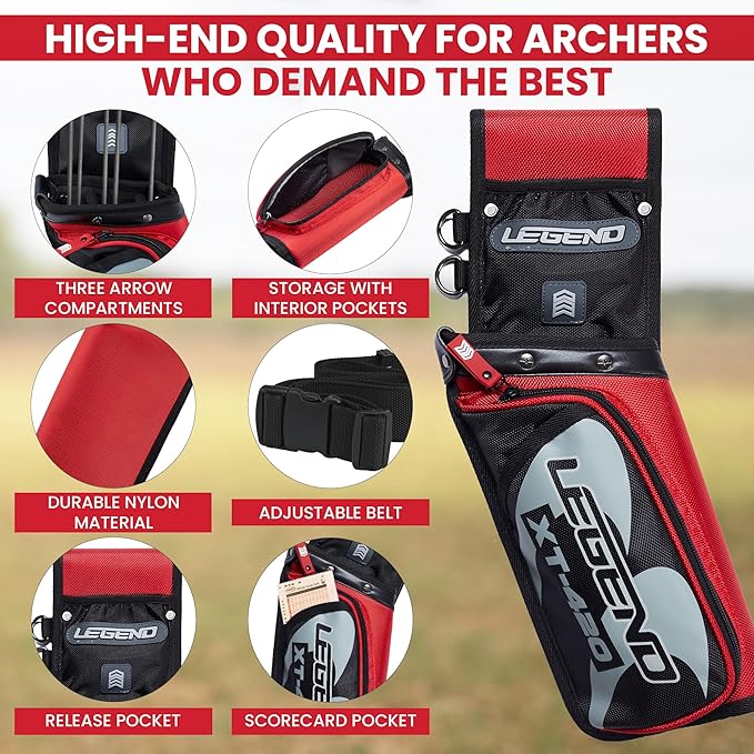 Legend XT420 Field Quiver - Left or Right-Handed Quiver Arrow Holder, Archery Quiver with 3 Arrow Tube, Durable Nylon Hip Quivers with Multiple Pockets for Archery Accessories, Score Card & Tools
