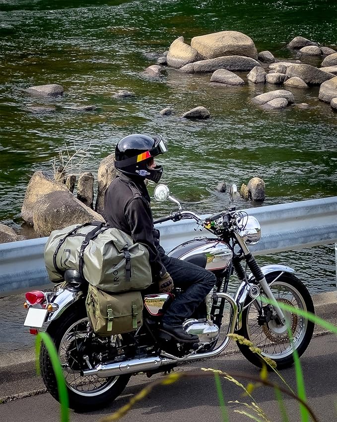 BORLENI Waterproof Motorcycle Dry Duffel Bag Luggage Tail Bag with Large Storage Space,Roll Top Closure, Shoulder Straps, Inner Pocket and Mesh Pocket for Motorcycling Travel Camping (Army Green,30L)