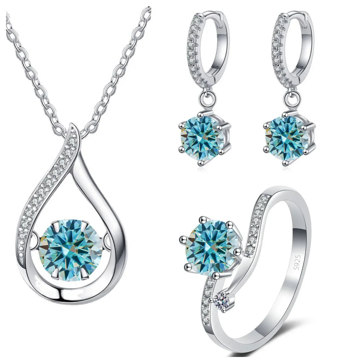 Moissanite Teardrop Necklace, Drop Earrings & Ring Set