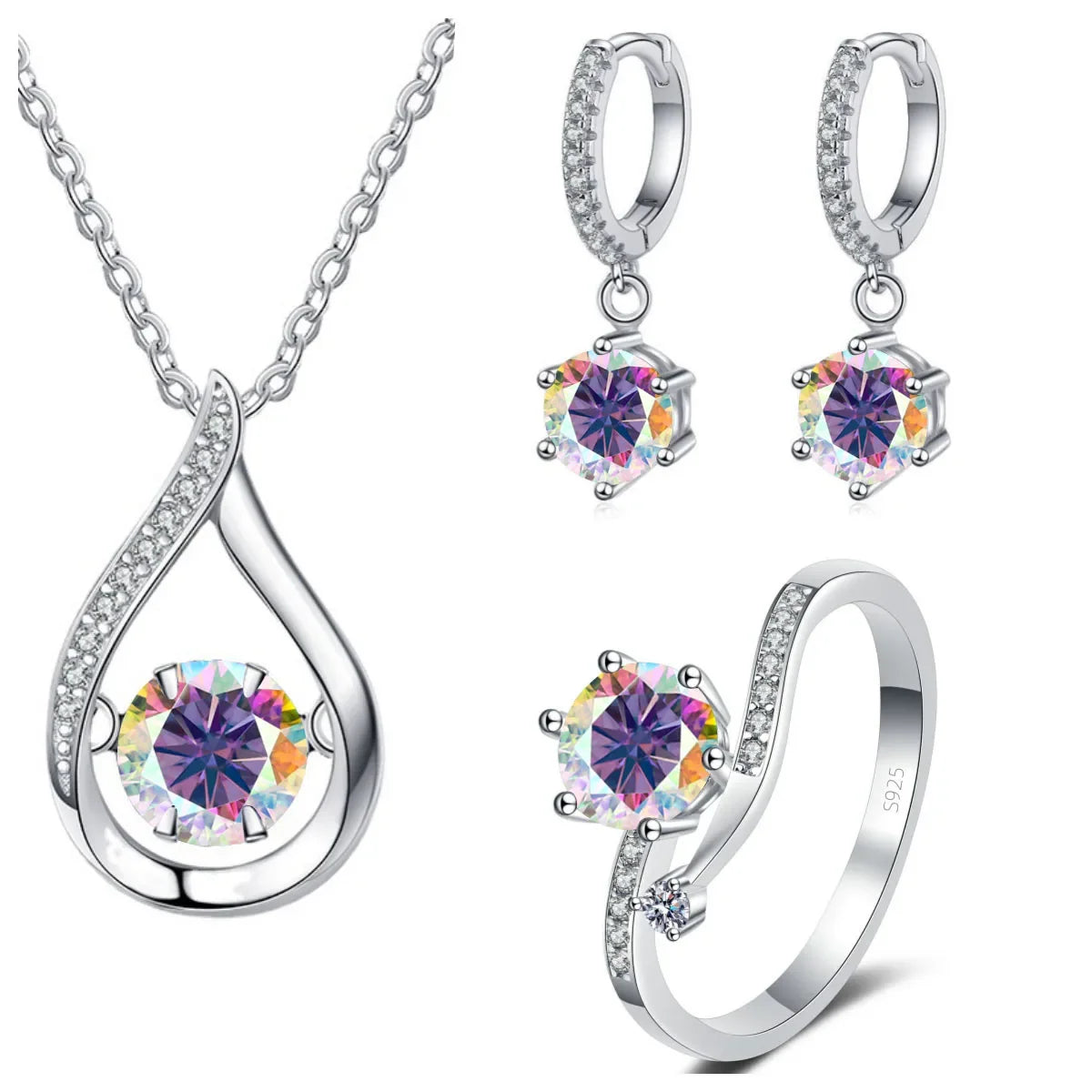 Moissanite Teardrop Necklace, Drop Earrings & Ring Set