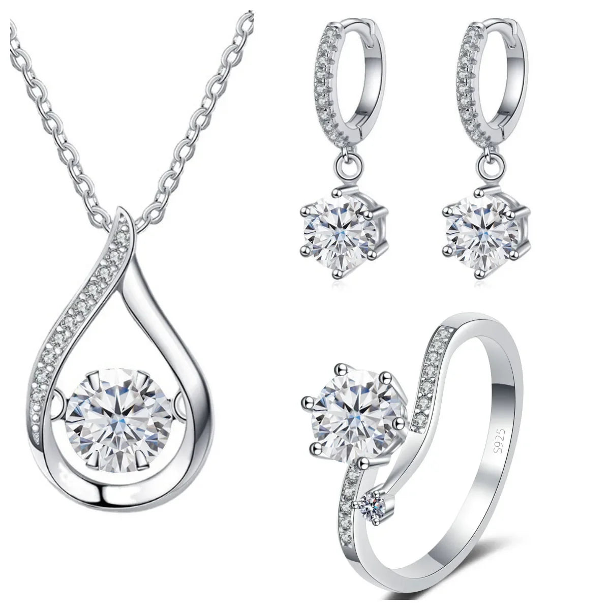 Moissanite Teardrop Necklace, Drop Earrings & Ring Set