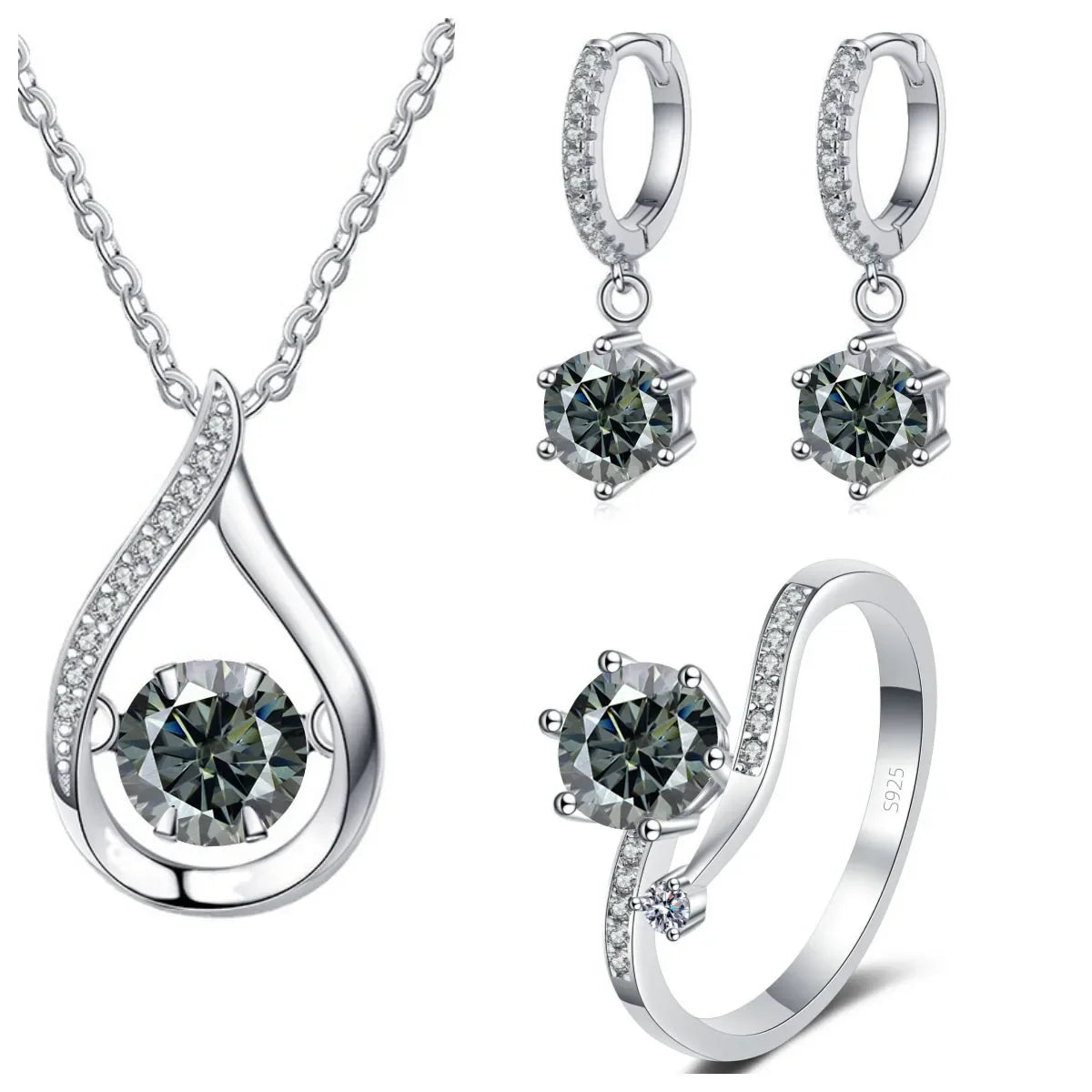 Moissanite Teardrop Necklace, Drop Earrings & Ring Set