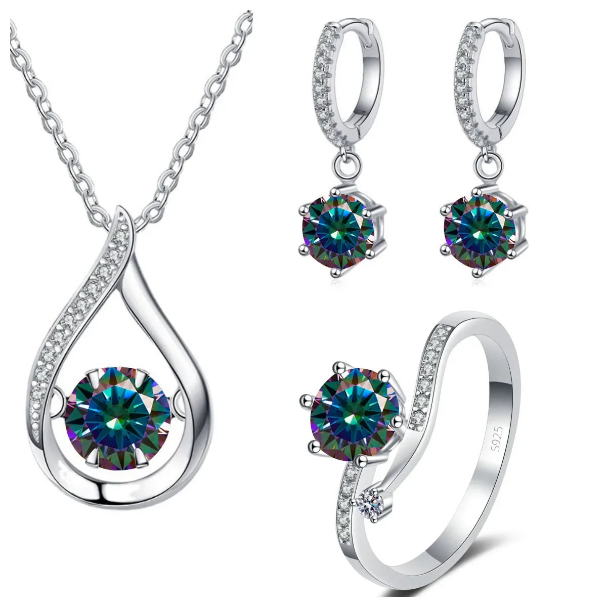 Moissanite Teardrop Necklace, Drop Earrings & Ring Set