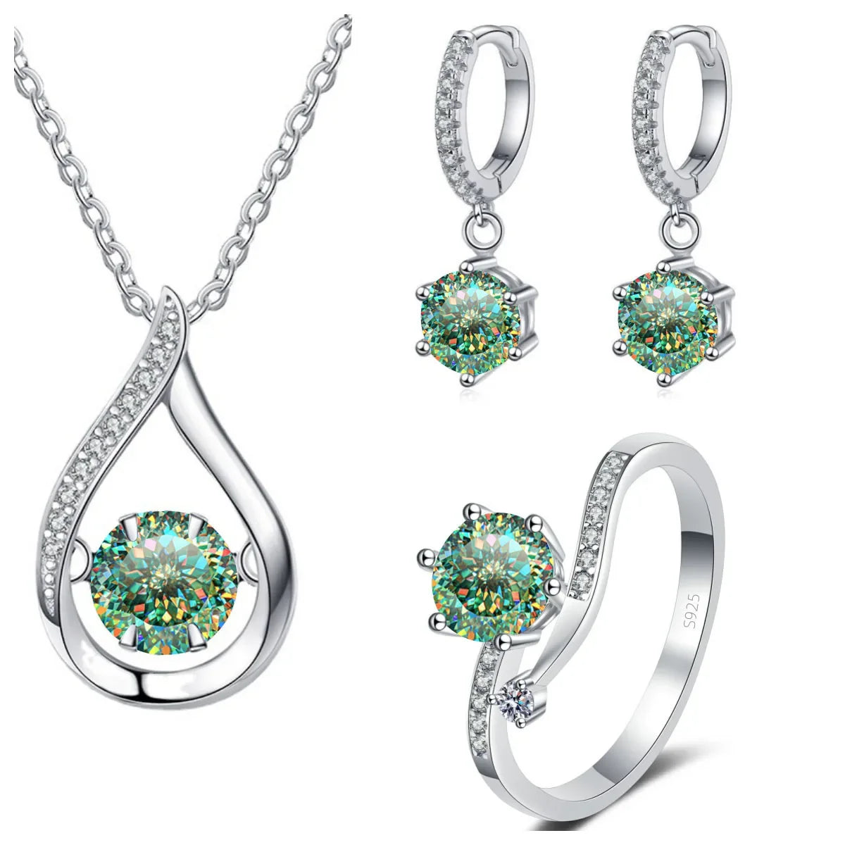 Moissanite Teardrop Necklace, Drop Earrings & Ring Set