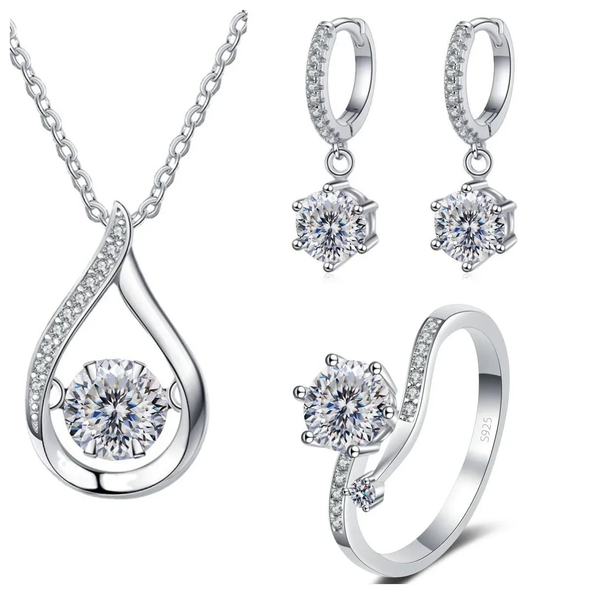 Moissanite Teardrop Necklace, Drop Earrings & Ring Set