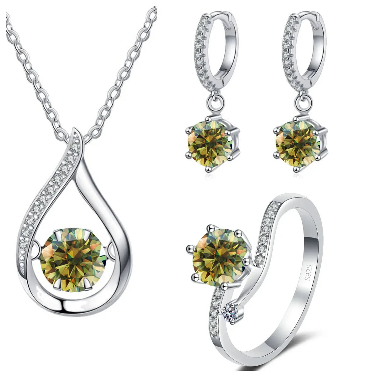 Moissanite Teardrop Necklace, Drop Earrings & Ring Set