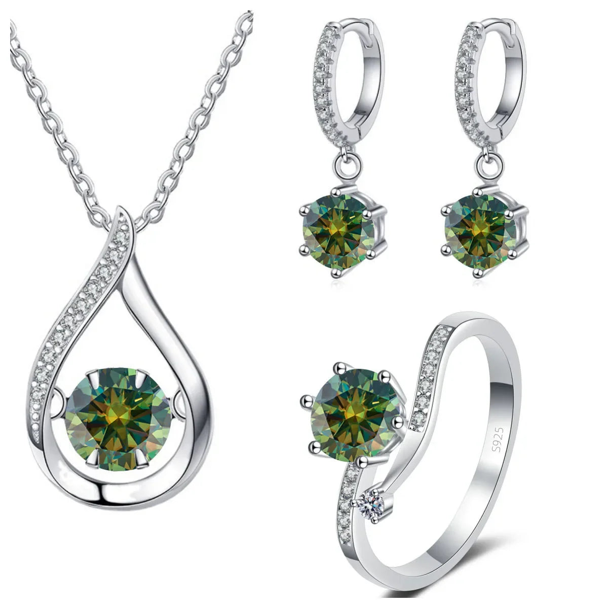 Moissanite Teardrop Necklace, Drop Earrings & Ring Set