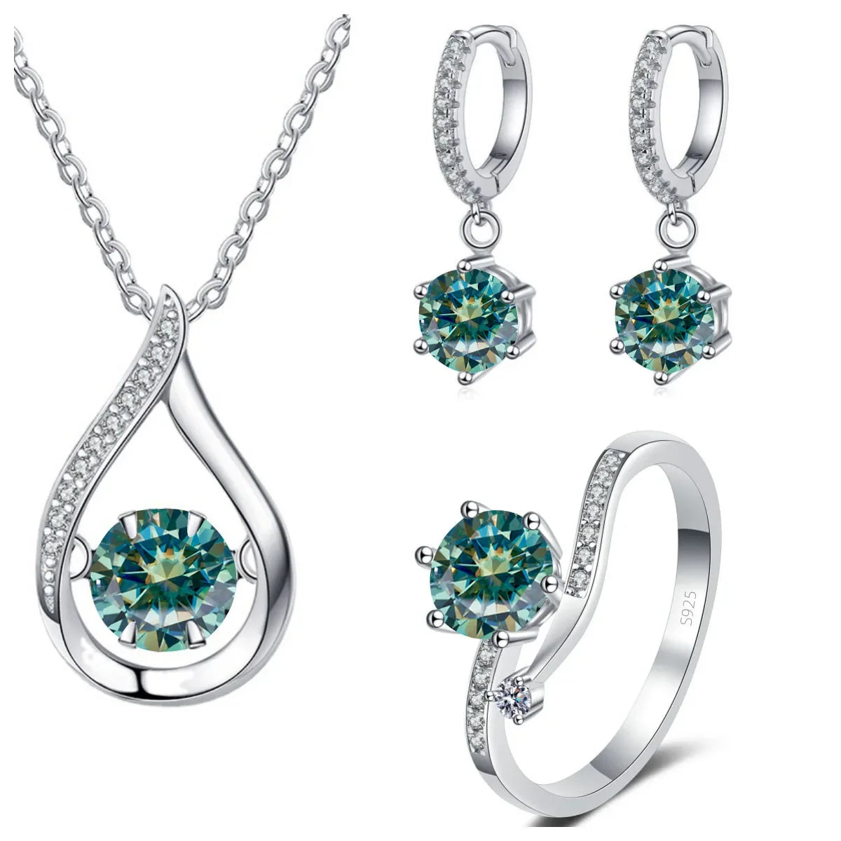 Moissanite Teardrop Necklace, Drop Earrings & Ring Set