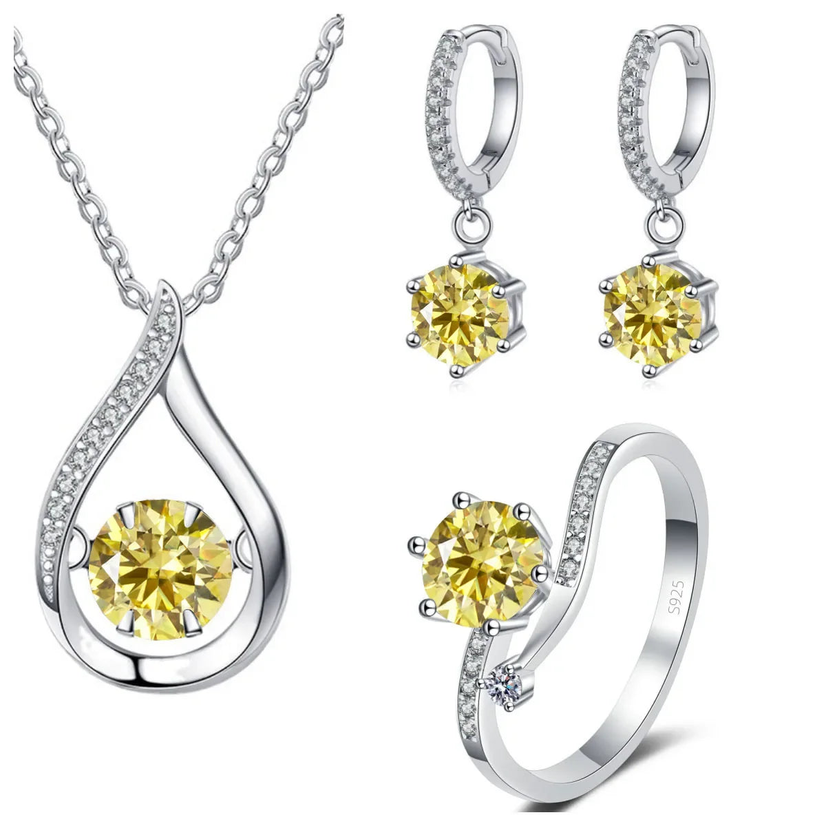 Moissanite Teardrop Necklace, Drop Earrings & Ring Set