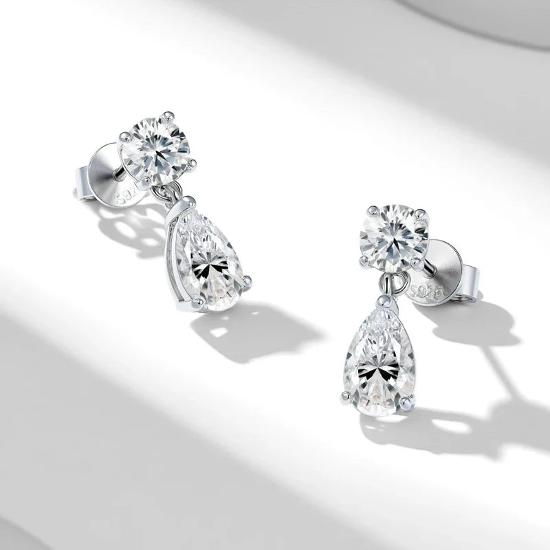 Round & Pear Moissanite Drop Earrings in Sterling Silver