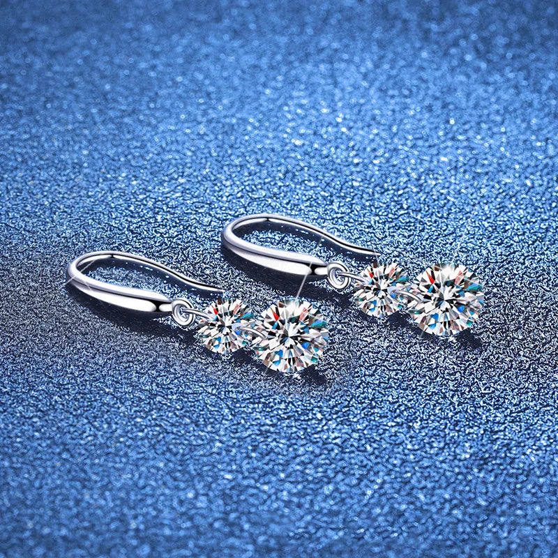 Two-Stone Moissanite Hook Drop Earrings in Sterling Silver