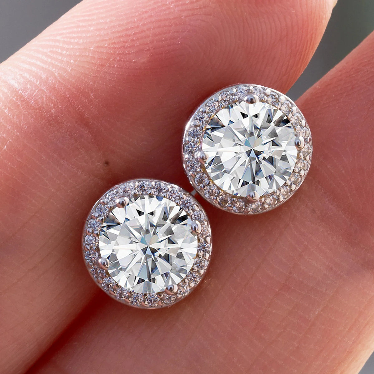 Colored Round Halo Moissanite Stud Earrings, 0.5 or 1 Carat