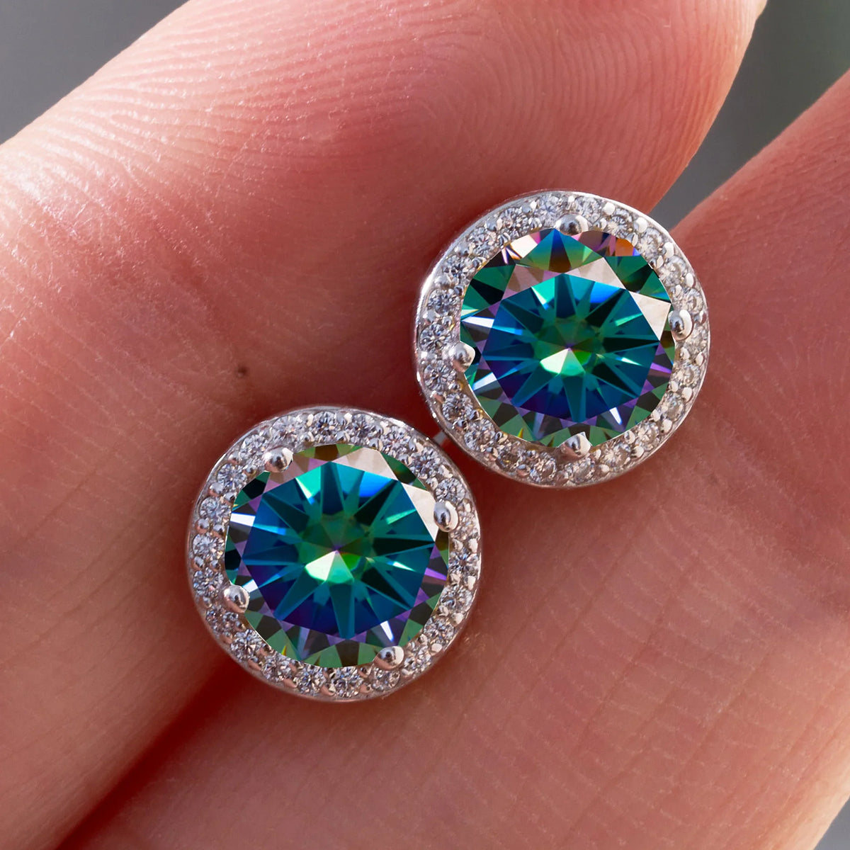 Colored Round Halo Moissanite Stud Earrings, 0.5 or 1 Carat