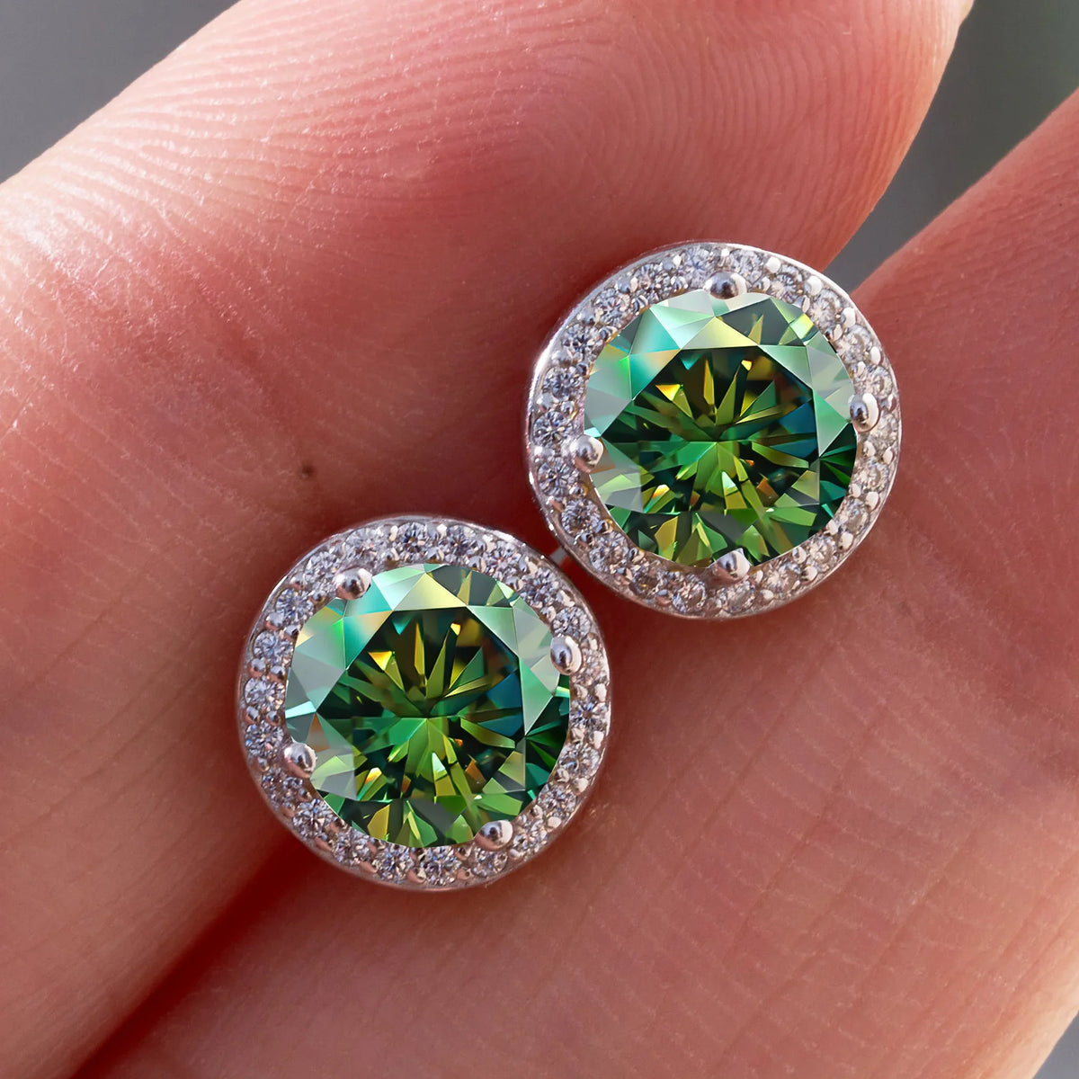 Colored Round Halo Moissanite Stud Earrings, 0.5 or 1 Carat