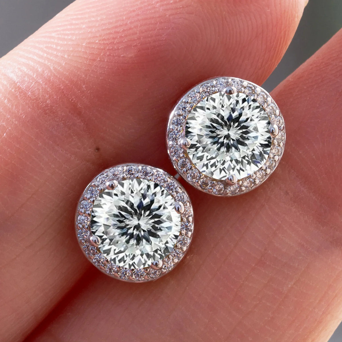 Colored Round Halo Moissanite Stud Earrings, 0.5 or 1 Carat